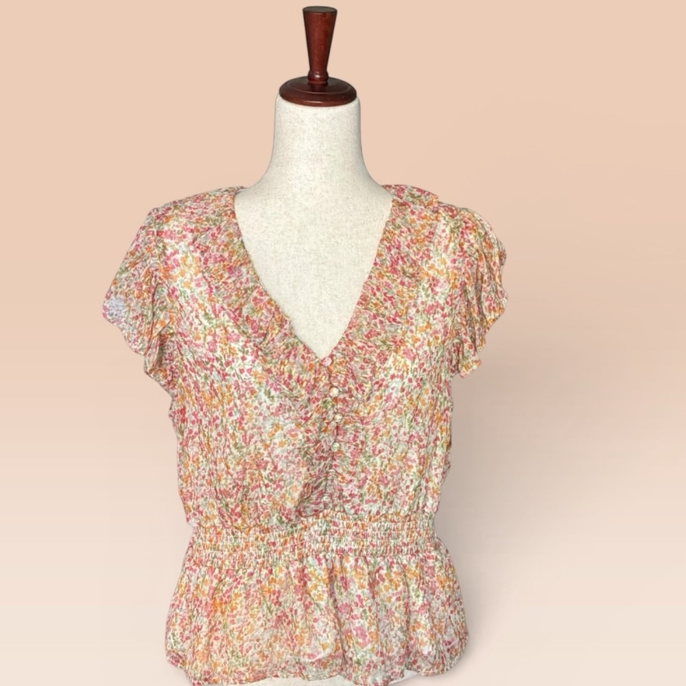 Parker Top Multicolor Floral Ruffle Blouse with Metallic Threads LG